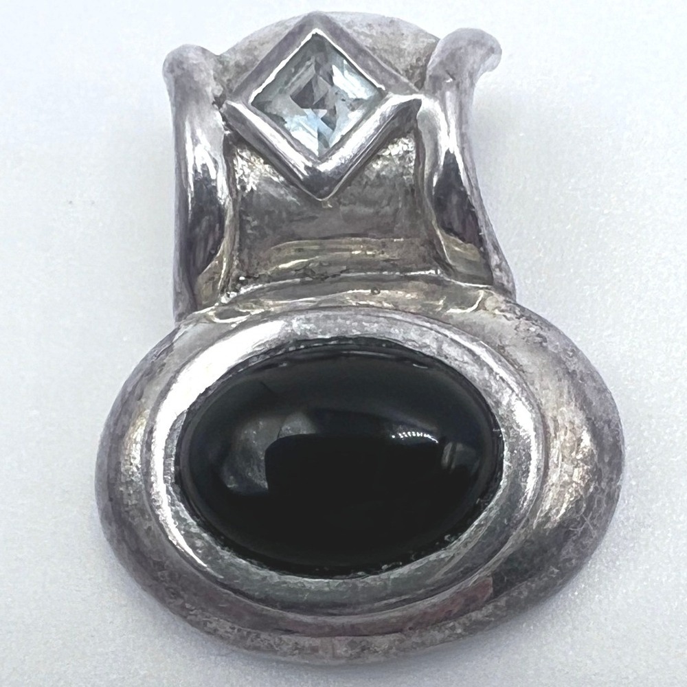 Sterling Silver Slide‎ Pendant Black Onyx Cabochon Faceted Blue Gemstone 925 SU